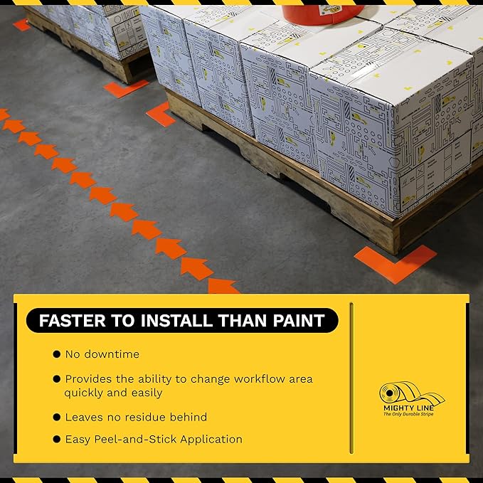 Mighty Line 5.5" Wide Solid Arrows Roll, Directional Sticker Sign Floor Marking Tape for Safety, Caution, Warning, Heavy-Duty, Peel and Stick, Adhesive, Industrial Quality, Yellow, Pack of 200