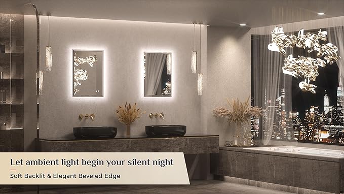 Keonjinn 20 x 28 Inch Backlit Mirror Bathroom, Frameless LED Mirror for Bathroom, Beveled Edge, HD Tempered Glass, UL-Listed LED Driver, Anti-Fog, Dimmable, Memory Function, French Cleat Installation