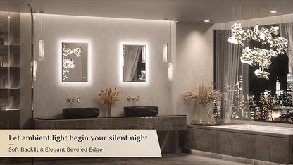 Keonjinn 20 x 28 Inch Backlit Mirror Bathroom, Frameless LED Mirror for Bathroom, Beveled Edge, HD Tempered Glass, UL-Listed LED Driver, Anti-Fog, Dimmable, Memory Function, French Cleat Installation
