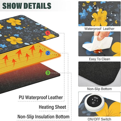 Heated Desk Pad Mouse Pad 31.5x13 Inch PU Leather Desk Mat with 3 Heat Levels Large Mouse Gaming Computer Laptop Mat Blue Floral Fragments and Bees