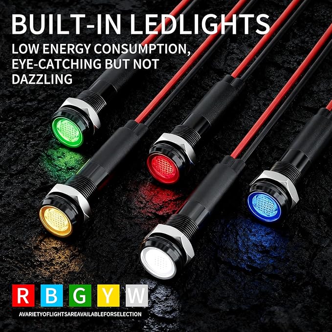5Pcs 8MM (5/16") Indicator Light led 110v 120v Indicator Pilot Metal Lights Aluminum Black Anodized Waterproof ip67 White Signal Lamp Light(110V-Black Anodized-W 5Pcs)