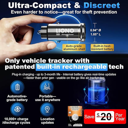 LIONO Car GPS Tracker & Charger with Built-in Rechargeable Battery, GPS Tracker for Vehicles, Hidden Car Tracker for Anti-Theft & Parking Location, for Family& Fleets, No Monthly Fee, No SIM, iOS Only