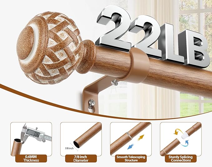 TONIAL Wood Curtain Rod 32 to 86 Inches, 7/8 Adjustable Curtain Rods for Windows 20 to 84 Inches, Splicing Drapery Rods Decorative with Netted Texture Finials