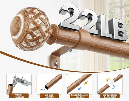 TONIAL Wood Curtain Rod 32 to 86 Inches, 7/8 Adjustable Curtain Rods for Windows 20 to 84 Inches, Splicing Drapery Rods Decorative with Netted Texture Finials