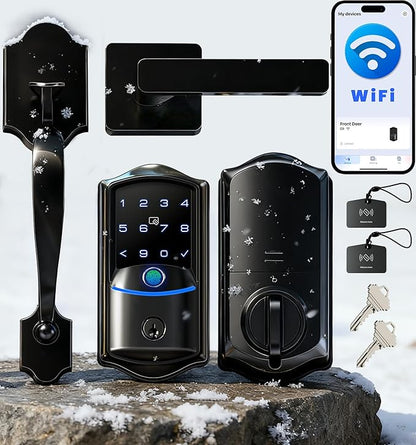 Veise VE027-H WiFi Fingerprint Smart Deadbolt Lock with Handleset, App Remote Control, Keyless Entry Front Door Lock Set, Built-in Wi-Fi, Touchscreen Keypad, Auto-Lock, Easy Setup, Matte Black
