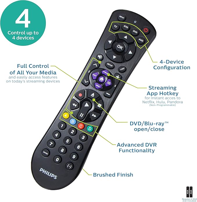 Philips Universal Remote Control for Samsung, Vizio, LG, Sony, Sharp, Roku, Apple TV, RCA, Panasonic, Smart TVs, Streaming Players, Blu-ray, DVD, Simple Setup, 4-Device, Black, SRP9243B/27