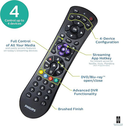 Philips Universal Remote Control for Samsung, Vizio, LG, Sony, Sharp, Roku, Apple TV, RCA, Panasonic, Smart TVs, Streaming Players, Blu-ray, DVD, Simple Setup, 4-Device, Black, SRP9243B/27