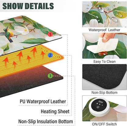 Heated Desk Pad Mouse Pad 31.5x13 Inch PU Leather Desk Mat with 3 Heat Levels Large Mouse Gaming Computer Laptop Mat Jasmine Flowers Green Leaves and Hummingbird