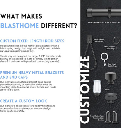 BlastHome® Non-Adjustable Luxury Curtain Rods for Windows, 1 ¼” Rod Set, 9 foot Fixed Length (Two Rods Connect for a Seamless Look), Matte Graphite