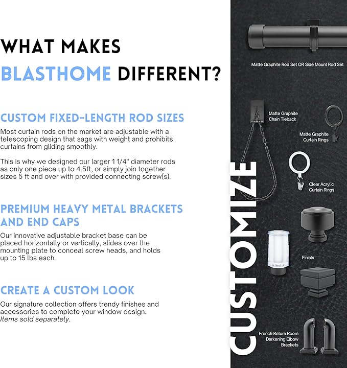 BlastHome® Non-Adjustable Luxury Curtain Rods for Windows, 1 ¼” Rod Set, 10 foot Fixed Length (Three Rods Connect for a Seamless Look), Matte Graphite
