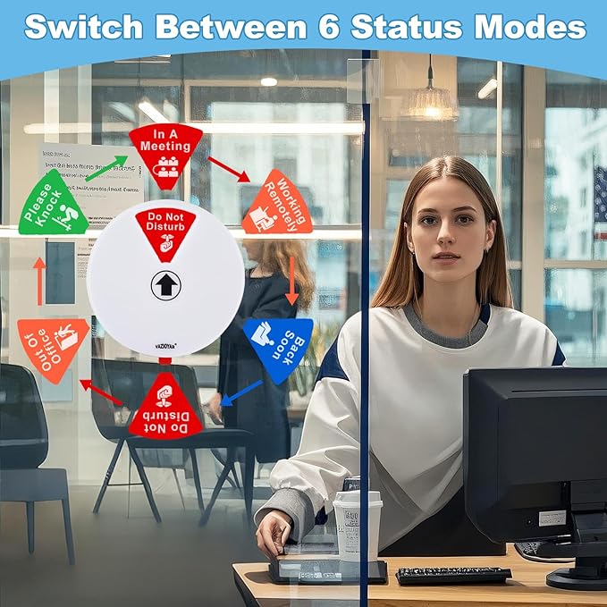 Rotating Office Door Sign with State Diagram - 6" Magnetic & Adhesive Privacy Sign with 6 Status Modes (In A Meeting/Working Remotely/Back Soon/Do Not Disturb/Out Of Office/Please Knock) (White, 6 inches)