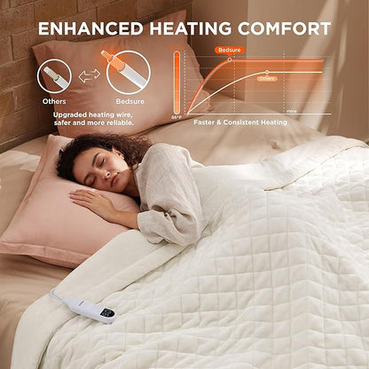 Bedsure Electric Blanket Twin - Quilted Heated Blanket Twin Size, Soft Flannel Thick Heating Blanket with 10 Time Settings & 6 Heat Settings, Warm Gifts for Women Men (62x84 inches, Ivory)