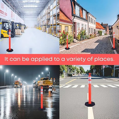Reflective Rubber Base Traffic Delineator Post - Heavy-Duty Safety Bollards for Parking Lot Markers, Road Construction, Driveway Warning - with Reflective Strips (3 Pack - 45 Inch)