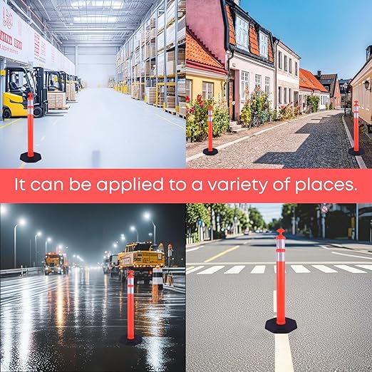 Reflective Rubber Base Traffic Delineator Post - Heavy-Duty Safety Bollards for Parking Lot Markers, Road Construction, Driveway Warning - with Reflective Strips (6 Pack - 42 Inch)
