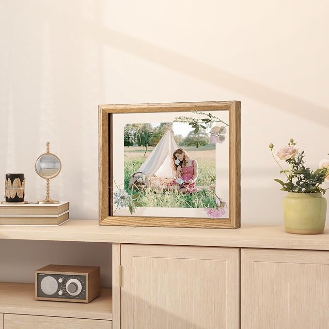 Axeman 8x10 Floating Picture Frame - Solid Oak Wood Picture Frame, Double Tempered Glass Photo Frame 2x3 4x6 5x7 6x8 8''x10'' Wood Frame, Wall Mount Or Tabletop Standing, Natural