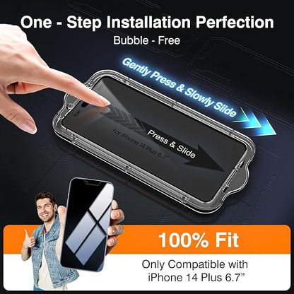 EZ-GLAZ-4+2 Pack for iPhone 14 Plus Privacy Screen Protector[6.7 inches] With Camera Lens Protector, [Drop Protection] 9H Hardness Full Coverage Anti-Spy Tempered Glass Film, Easy to install