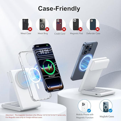 Wireless Charging Station with 20W USB C Adapter, 3 in 1 Magnetic Foldable Travel Charger Stand for iPhone 17 16 15 14 13 Series, Compatible with Apple Watch 11/10/9/8/7/6/5/4/3/2/SE/Ultra 2/Airpods 4