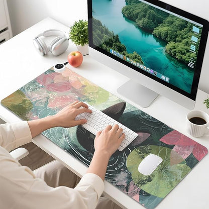 Heated Desk Pad Mouse Pad 31.5x13 Inch PU Leather Desk Mat with 3 Heat Levels Large Mouse Gaming Computer Laptop Mat Cat Lotus Flowers Blue