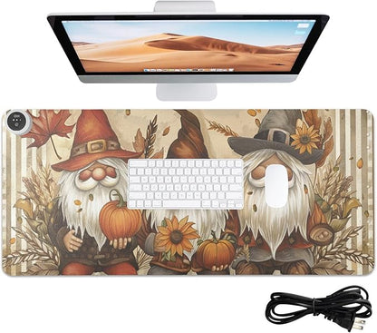 Heated Desk Pad Mouse Pad 31.5x13 Inch PU Leather Desk Mat with 3 Heat Levels Large Mouse Gaming Computer Laptop Mat Gnomes Maple Leaf