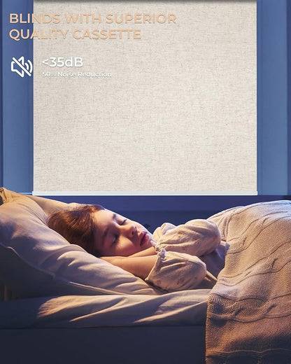 Motorized Roller Shade with Remote Control, 100% Blackout Electric 21-98” Width Blinds for Windows with Via Hub Alexa Google Home, Rechargeable Smart Automatic Customized Size（Linen Beige）