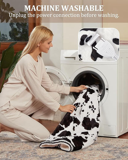 CAROMIO Heated Electric Blanket Twin Size, Cow Print Fast Heating Throw Blankets with LCD Controller, 10 Heat Levels & 1-12H Time Settings Auto Off, ETL Certified, Brown Black, 62" x 84"