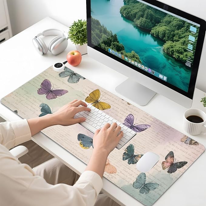 Heated Desk Pad Mouse Pad 31.5x13 Inch PU Leather Desk Mat with 3 Heat Levels Large Mouse Gaming Computer Laptop Mat Vintage Beige Butterflies