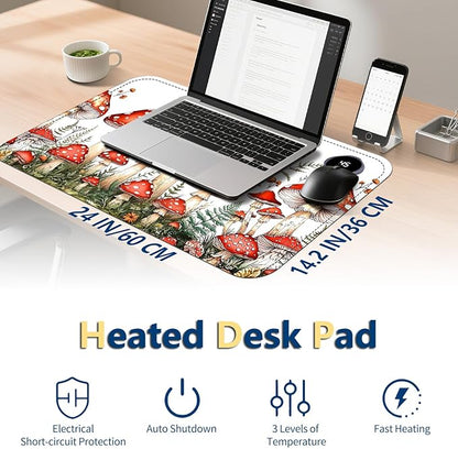 Heated Mouse Pad with 3 Temperature Settings(104°F–122°F),Large 24x14.2 Inch PU Leather Heated Desk Mat,Waterproof Warming Pad for Office,Gaming & Cold Hands Relief,Red Mushroom