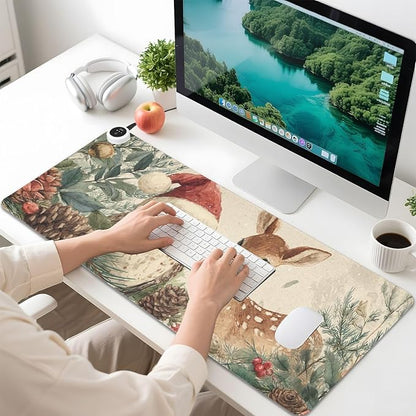 Heated Desk Pad Mouse Pad 31.5x13 Inch PU Leather Desk Mat with 3 Heat Levels Large Mouse Gaming Computer Laptop Mat Beige Christmas Owl Deer Pinecorns
