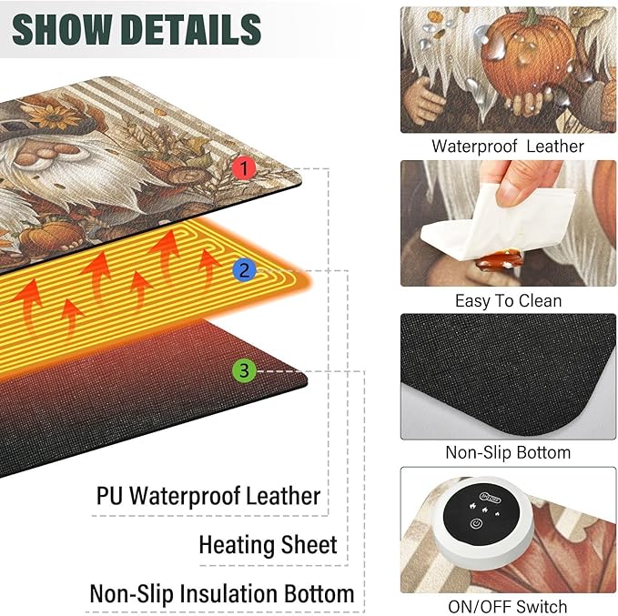 Heated Desk Pad Mouse Pad 31.5x13 Inch PU Leather Desk Mat with 3 Heat Levels Large Mouse Gaming Computer Laptop Mat Gnomes Maple Leaf