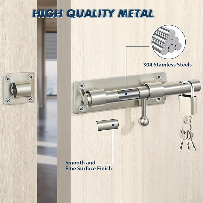 Alise 8 inch Barrel Bolt Latch,Slide Bolt Latch,Heavy Duty Solid SUS304 Stainless Steel Slide Lock for Wooden Fence,Barn Door,Interior or Outdoor Door Brushed Nickel MS9000-LS