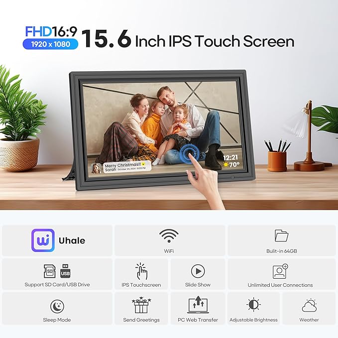 64GB 15.6" Large Digital Picture Frame, Uhale WiFi Electronic Photo Frames with 1920 x 1080 FHD IPS Touch Screen, Support Auto-Rotate Wall Mounted SD&USB Card, Share Photos/Videos from Phone Instantly