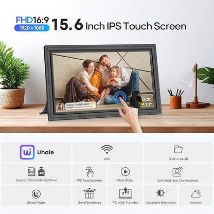 64GB 15.6" Large Digital Picture Frame, Uhale WiFi Electronic Photo Frames with 1920 x 1080 FHD IPS Touch Screen, Support Auto-Rotate Wall Mounted SD&USB Card, Share Photos/Videos from Phone Instantly