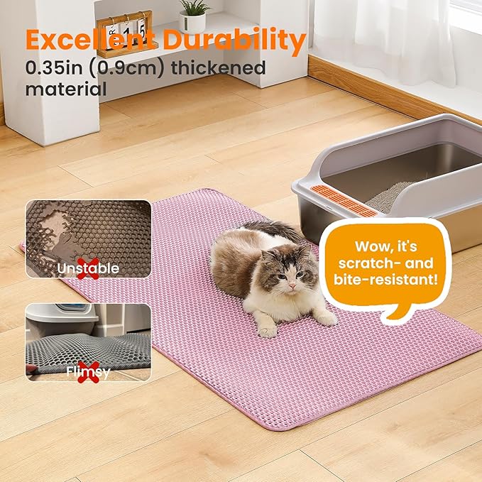 Jumbo Cat Litter Mat, 46x26 Inches Double Layer Honeycomb Litter Trapping Mat, Non Slip Waterproof Urine Proof Extra Large Cat Litter Box Mat, Kitten Supplies and Essentials, XXL, Pink