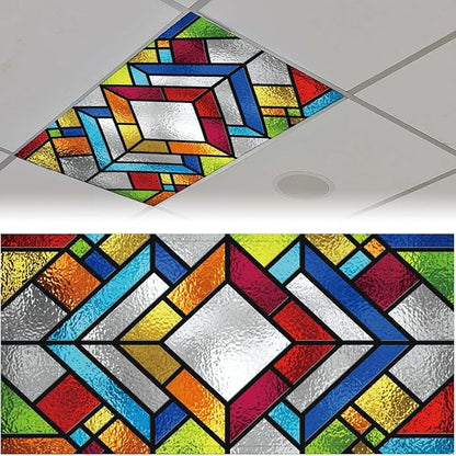 2PCS Fluorescent Light Cover for Ceiling Light Classroom-Stained Glass Patten Magnetic Light Cover Shade Panel,Decorative Film Filter for Reducing Harsh Glare Flicker Home School Office Decorations