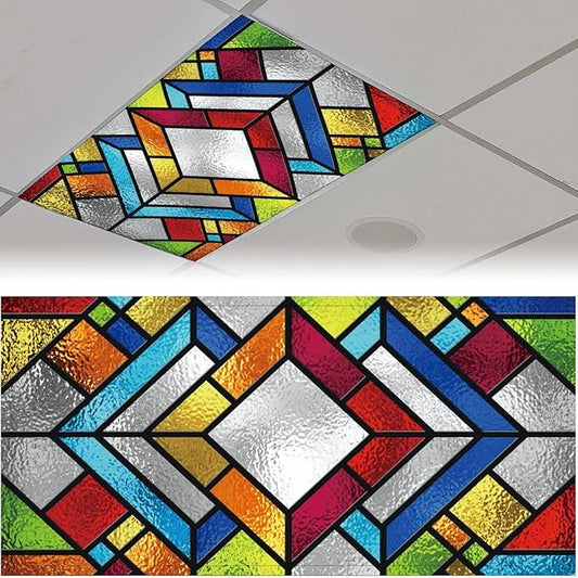 2PCS Fluorescent Light Cover for Ceiling Light Classroom-Stained Glass Patten Magnetic Light Cover Shade Panel,Decorative Film Filter for Reducing Harsh Glare Flicker Home School Office Decorations