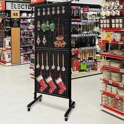 Royxen Standing Pegboard Display 2 x 5 Feet, Metal Pegboard with 30 Hooks, Peg Board Display Stand with Wheels for Vendors, Home and Retail Store (Black)