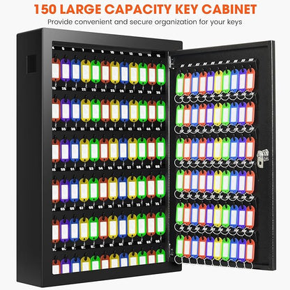 150 Keys Cabinet Organizer Wall Mount, Heavy Duty Key Lock Box with Key Hooks & 150 Tags Key Labels, Security Lockbox for Valets, Hotels, Car, Office Key Management & Storage
