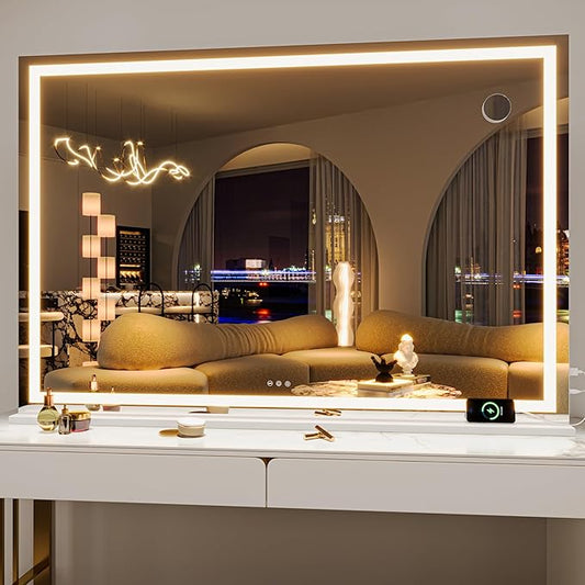 Hasipu Vanity Mirror with Lights, 55" x 36" LED Makeup Mirror, Lighted Makeup Mirror with Dimmable 3 Modes, Touch Screen Control Vanity Mirror Square White