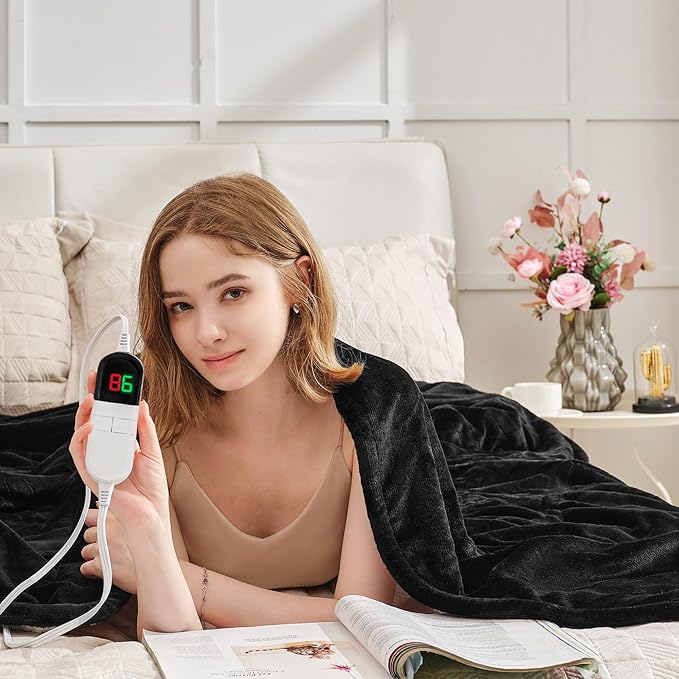 Heated Blanket Queen 84"×90" - Premium Cosy Soft Electric Blanket with 6 Heating Levels,Dual Control Fast Heating Flannel Sherpa Blanket for Bed & Couch,Auto Shut Off/Machine Washable (Black)
