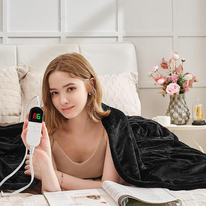 Heated Blanket Queen 84"×90" - Premium Cosy Soft Electric Blanket with 6 Heating Levels,Dual Control Fast Heating Flannel Sherpa Blanket for Bed & Couch,Auto Shut Off/Machine Washable (Black)