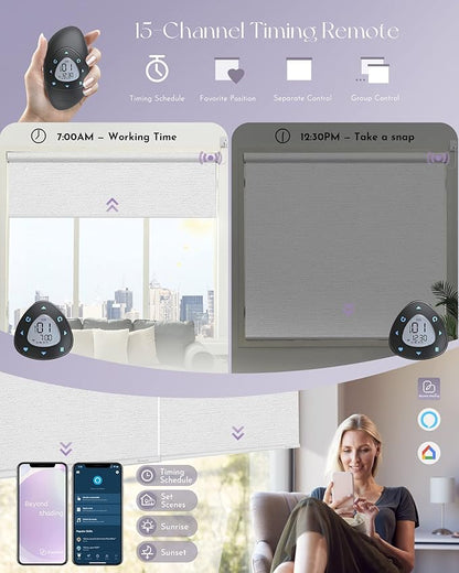 Graywind Smart Blackout Roller Shades Compatible with Alexa Google WiFi Hardwired Textured Gleaming Fabric Motorized Blinds Remote Window Shades, Custom Size (Striped White)