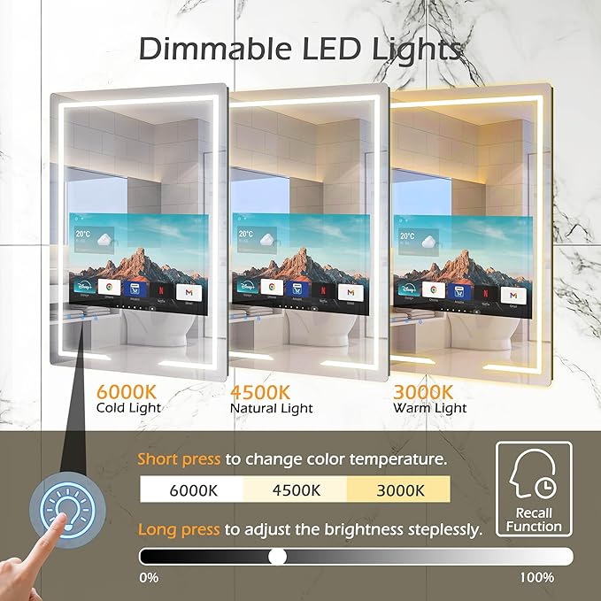 24x32 Inch Bathroom TV, Smart Vanity Mirror with 21.5'' Touch-Screen TV, IP66 Waterproof Defogging Mirror TV with 3 Color LED Light HDMI Android System for Bathroom Hotel Hair Salon (2025)