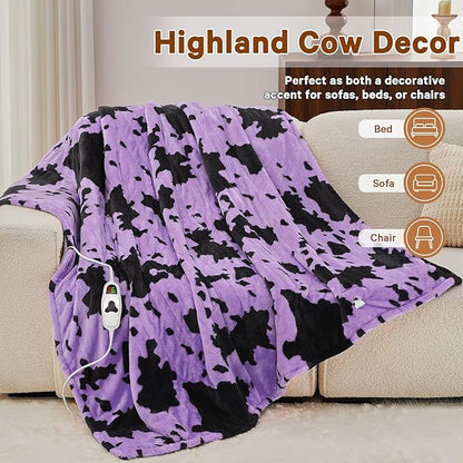 Cow Print Heated Electric Blanket Full Size,72X84 Purple Heating Blanket with 10 Heats Levels & 8 Hours Auto Off,Highland Cow Decor Fleece Sherpa Blankets Warmer Gifts for Women Adults,Washable