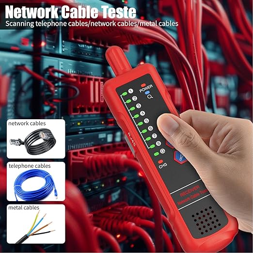 Network Cable Tester, RJ11 RJ45 CAT5 CAT6 Ethernet LAN Wire Tracer with Headphone Jack and Signal Strength Indicator, for Noisy Environments