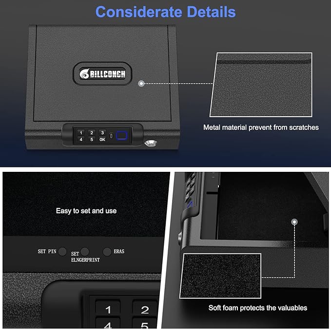 Biometric Gun Safe for Pistols 3-Ways unlock Fingerprint Digital PIN Key Unlock Handgun Safe with Sound, Lock box for Cloakroom living room Bedroom Nightstand and Car BILLCONCH