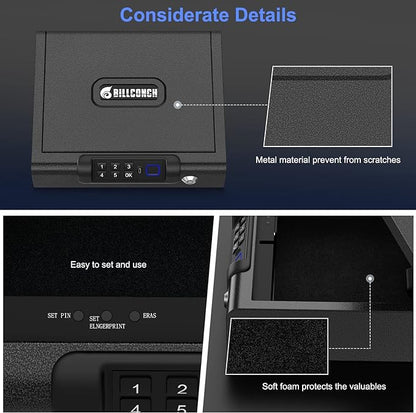Biometric Gun Safe for Pistols 3-Ways unlock Fingerprint Digital PIN Key Unlock Handgun Safe with Sound, Lock box for Cloakroom living room Bedroom Nightstand and Car BILLCONCH