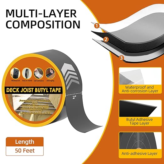 8 Pack Joist Tape for Decking 2''×50', Weather-Resistant,Waterproof Seal Antiseptic Butyl Tape,Self-Adhesive Flashing Joist Tape for Wood Decks Beams Roof