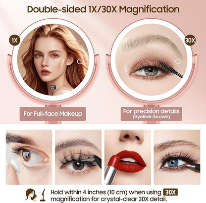 Makeup Magnifying Mirror with Light 30X/1X, Digital Display, 2-Sided Touch Control, Makeup Mirror with 3 Color Lights,360° Rotate, Height Adjustable Lighted Magnifying Mirrors for Desk Travel