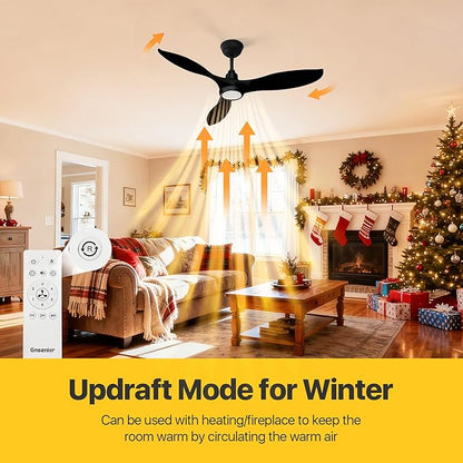 Ensenior 52 Inch Smart Ceiling Fans with Lights and Remote, Control via Alexa Google Voice App, 6 Speeds Reversible DC Motor 3000K-6000K, Dimmable LED, Black Bedroom Ceiling Fan with Lights - 3 Blades