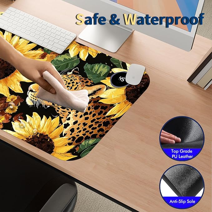 Heated Mouse Pad with 3 Temperature Settings(104°F–122°F),Large 24x14.2 Inch PU Leather Heated Desk Mat,Waterproof Warming Pad for Office,Gaming & Cold Hands Relief,Sunflowers Leopard Print
